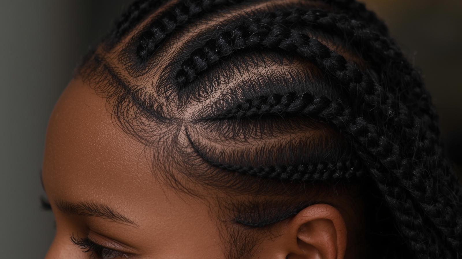 Close-up of professional African hair braiding detail and precision