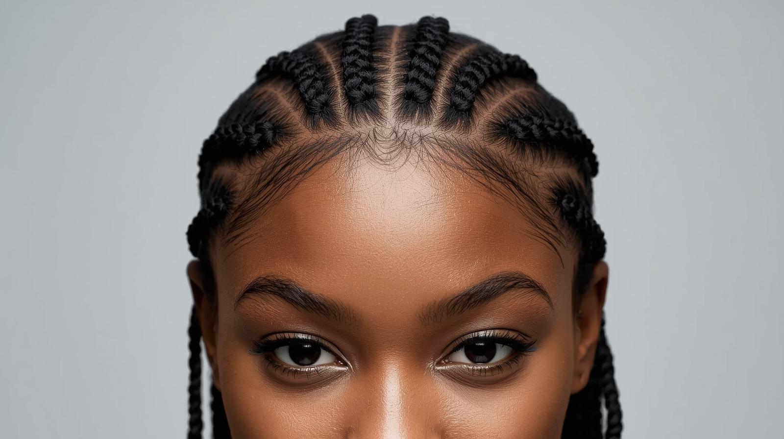 Artistic close-up of professional African hair braiding detail and precision