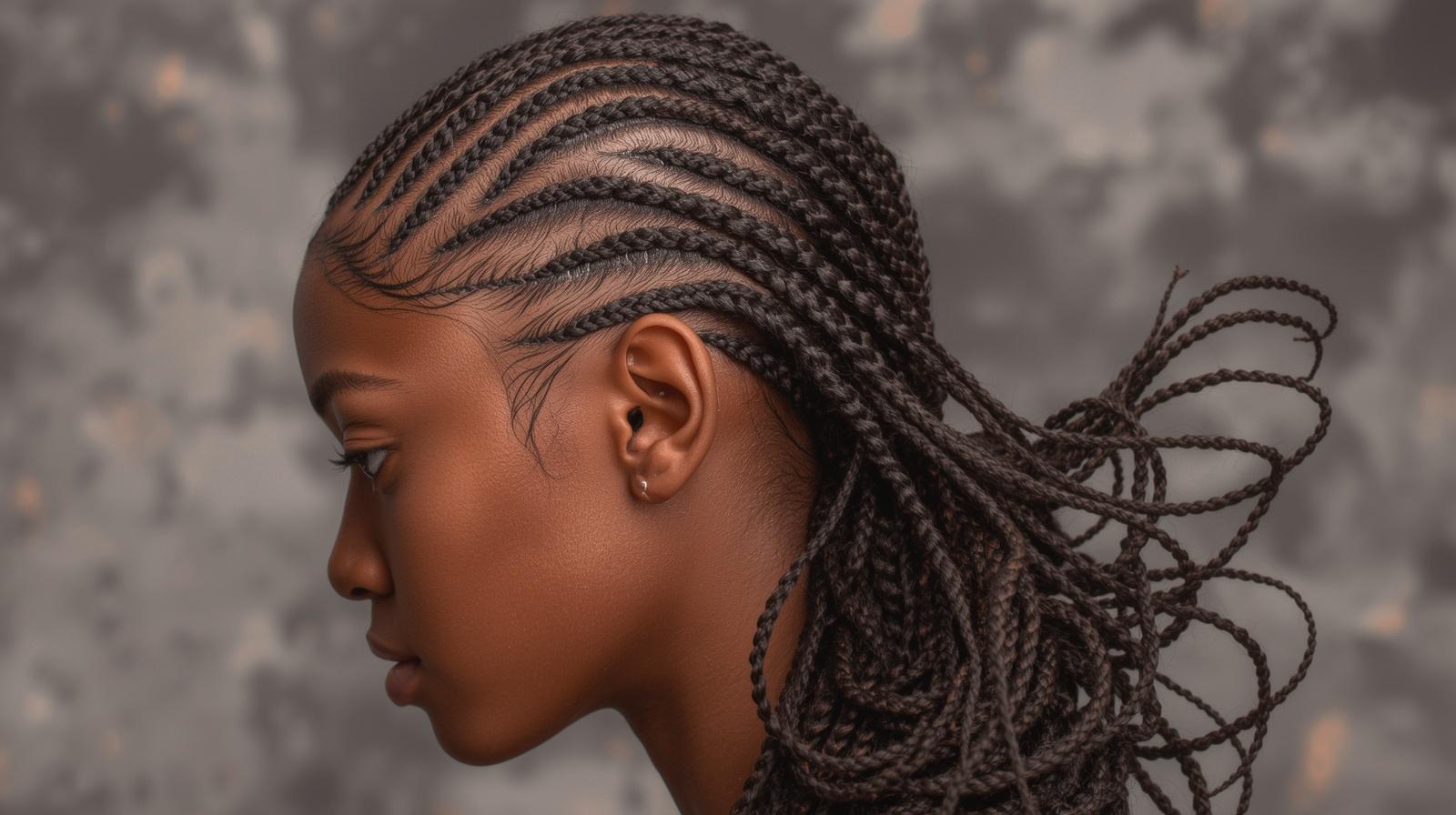 Signature professional African hair braiding work at Rozii Salon